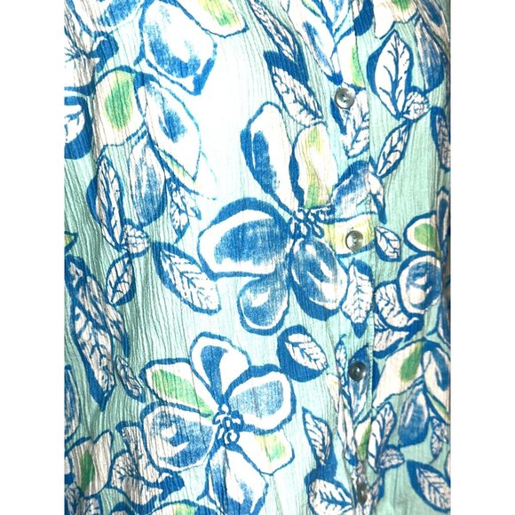Appleseeds Size Large Blue Green Floral Button Shirt Coastal Garden Style Casual - Picture 6 of 10